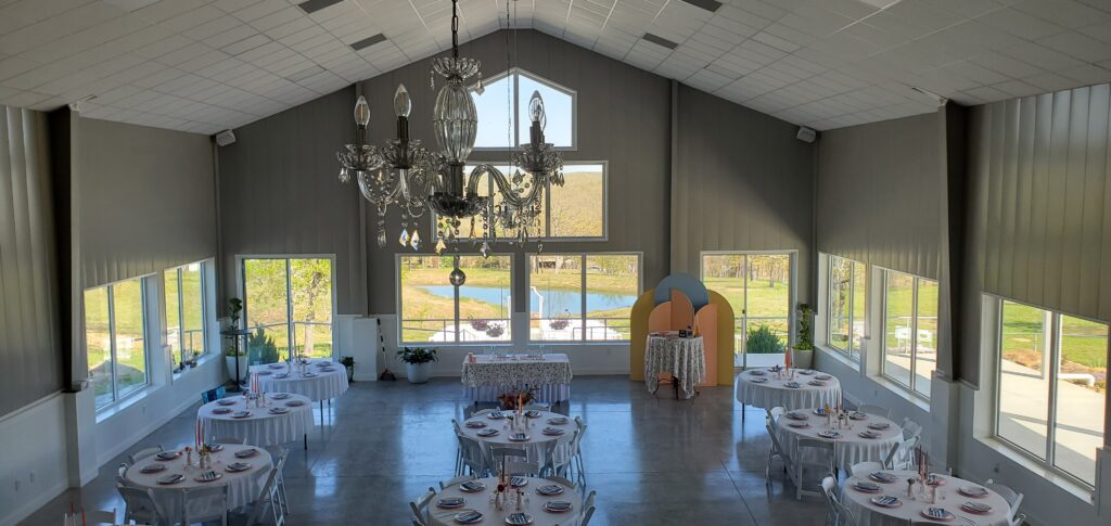 A beautifully-decorated reception room surrounded by windows